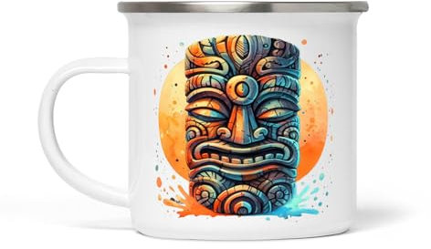 Vintage Tiki Weiße Emaille Tasse - 354 ml, langlebig und elegant, Ideal für Kaffee, Tee und heiße Getränke