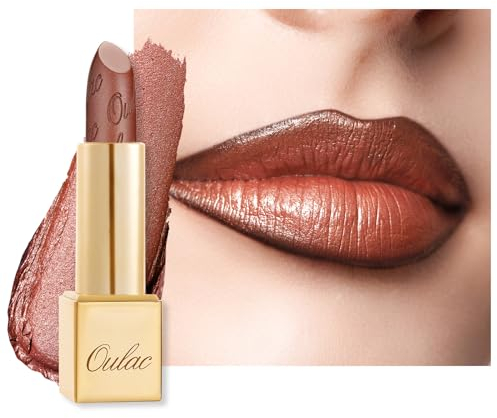 OULAC Lippenstift Metallic Glanz Finish, Braun Glitzer Lippenstift mit Lang Anhaltendem 3D-Glanz, Intensive Farbe, Cremige und Feuchthaltende Formel, Vegan, 4.3g, (24) Me Time