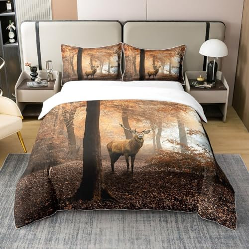Loussiesd Wald Hirsch Bettwäsche Set Braun Elch Bettwäsche Set 135x200cm 100% Baumwolle für Kinder Jugendliche Erwachsene Dekorativ Natur Wald Tier Motiv Bettwäsche Set Hirsch Musteres Leichtgewicht
