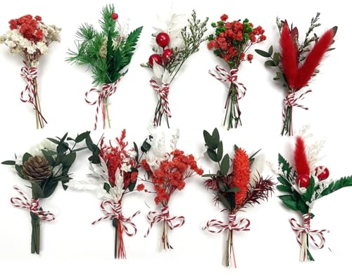 10 Stück Weihnachts-Trockenblumenstrauß, Trockenblumenstrauß, Mini-Trockenblumen für Hochzeit, Tischdekoration, Tischarrangements, Vasendekorationen (Weihnachtsstil A)