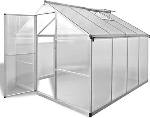 IKAYAA Gewächshaus Aluminium mit Fundament 242 x 250 x 195 cm Gartenhaus Winterfest Gewächshaus Glas Glashaus Garten Tomatenhaus Frühbeet und Pflanzenhaus
