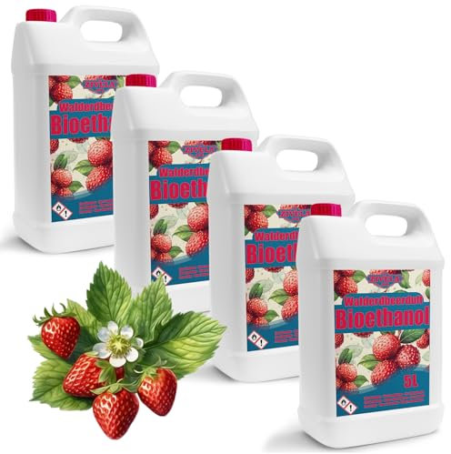 Bioetanolo 96,6% 20 l | alcool biologico profumo di fragola boschiva 96,6% 4 x 5 l | bioetanolo per camino, camino da tavolo | bioetanolo profumo di fragola | combustione pulita, senza fumo, fiamma