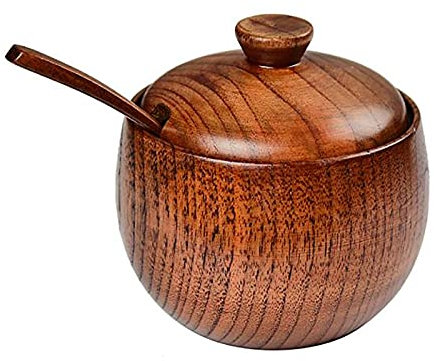 Wooden Salt Box, Wood Lid Light Portable Seasoning Jar with Spoon for Seasoning Storage Box
