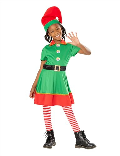 Rubies Elfenkostüm für Mädchen, Kleid, Gürtel, Strumpfhosen und Mütze, Elf, Elfe, Weihnachten, Schulaufführungen, Partys, Weihnachtsmann