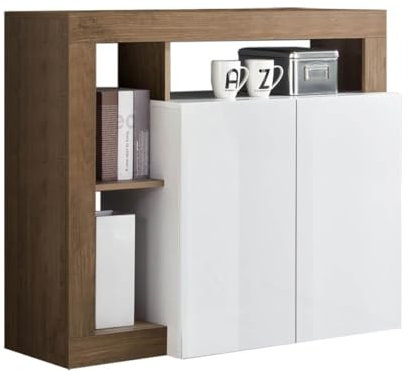 AltoBuy Arturo - Buffet 2 Portes Blanc Laqué Encadrement Niches Aspect Chêne Mercure