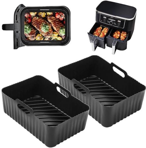 Large Silicone Air Fryer Liners for Ninja AF451UK/AF400UK/SL400UK 9.5L/Tower 9L/EMtronics for All 8.5-9.5 L Dual Air Fryers, 2PCS Reusable Air Fryer Trays, Ninja Foodi Max Double Stack Accessories
