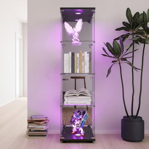 Armoire vitrine en verre, vitrine en verre avec éclairage LED, vitrine miroir, armoire en verre, vitrine moderne sur pied pour salon, bureau, objets de collection, livres, vin (4 étages, 1 porte + LED