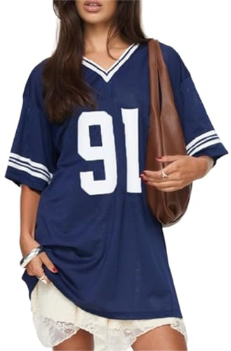 Jersey Shirts for Women Y2k Oversized Number Graphic Tee T-Shirt V Neck Short Sleeve Sport Casual Tops Streetwear