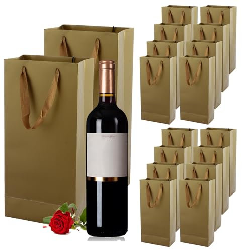 LOPYXBR 20 Pcs Wine Gift Bags 2 Bottles, 35x17x9 cm Gold Bottle Gift Bags for Wines, Reusable Cardstock Double Wine Bottle Gifts Bag with Handles for Birthdays, Anniversaries, Party, Christmas(Gold)