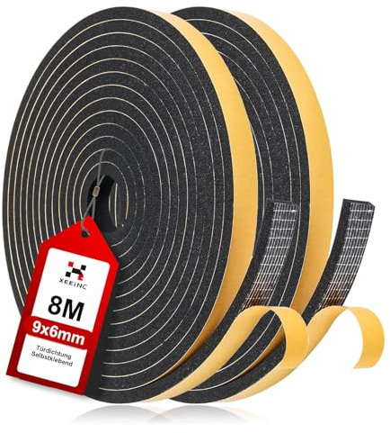 XEEINC 8M Guarnizione Porta Finestra, 9mm(L) X 6mm(P) Guarnizione Adesiva in Schiuma per Porta, Resistente alle intemperie, Isolamento Acustico, Anti-Collisione - Nero