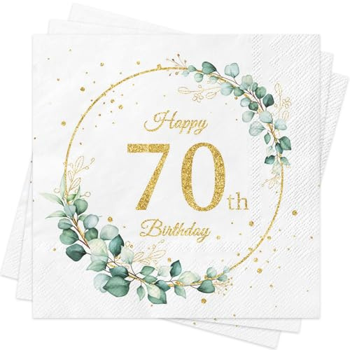 Servietten 70.geburtstag, 40 Stück Eukalyptus Grün Gold Geburtstags Servietten,Sage Grün Papierservietten für Mann Frau Geburtstag Feier Jubiläum Tischdekoration