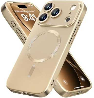 samanoya Magnetische Schutzhülle für iPhone 17 Pro Max/18 Pro Max, kompatibel mit MagSafe, integrierter Linsenschutz, dünn und weich, aus Silikon, stoßfest, metallic glänzend (Gold)