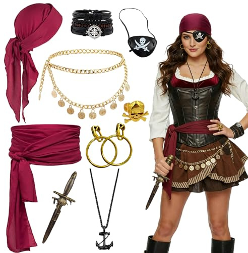Xerteam Piratenkostüm Herren Damen, 10Stück Pirate Accessories, Piratentuch Augenklappe Pirat Gürtel Armband Ohrringe Halskette Taillenkette, Piratenkostüm Damen Zubehör for Piraten Karneval Halloween
