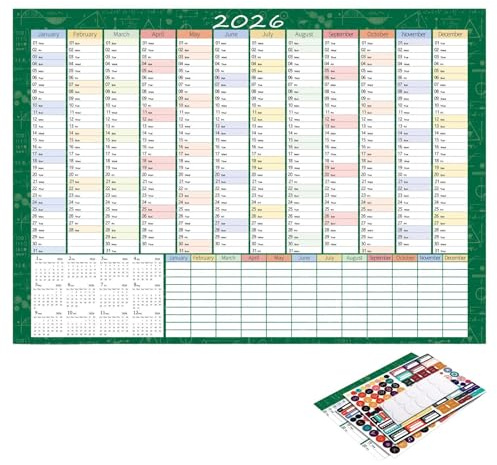 Yearly Wall Calendar 2026 - Writable Large Year Poster, Big Calendar, Dry Erase Wall Planner for Study Room, Dorm, Office, or Home Time Management and Planning, 74.2x52.5cm