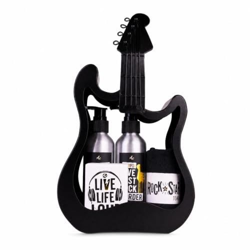 Accentra ROCKSTAR Geschenkset in schwarzer Metallgitarre | Duschgel, Shampoo, Handtuch und Seife, originelles Pflegepaket für Musikfans, dekorativ arrangiert für das Bad