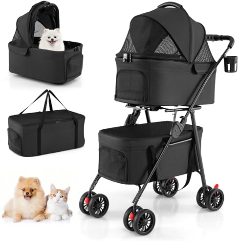 COSTWAY 3 in 1 Hundewagen klappbar, Hundebuggy 2 Etagen, Haustierwagen mit verstellbarem Vordach, Netzfenster & Taschen, Hundebox Transporttasche, Haustierbuggy für Katzen Hunde bis 15 kg (Schwarz)