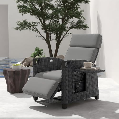 UDPATIO Liegesessel mit Sitzkissen Gartensessel Wetterfest 150° Verstellbare, Rückenlehne Rattan Sonnenliege mit Beistelltisch für Innen, Außeneinsatz- Grau Sitzkissen & Dunkelgrauer Rattan