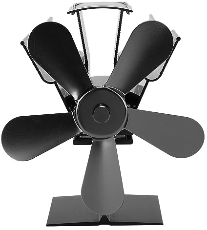 Lxwythozoan Ventilatore per stufa a legna a 5 pale, ventilatore per caminetto e stufa a pellet, circolatore d’aria silenzioso ed ecologico con pale in lega di alluminio per la combustione (Nera)