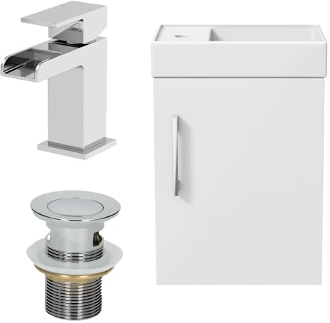 AURORA® 400mm Bathroom Vanity Unit Ceramic Wash Sink Wall Hung Storage Cabinet Reversible Soft Close Cupboard & Chrome Waterfall Basin Mixer Tap & Waste Set, White Gloss