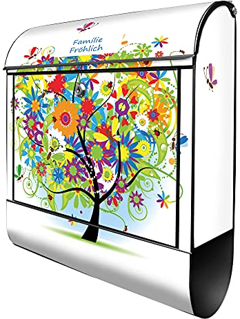 banjado® Design Briefkasten personalisiert Märchenzauberbaum 38,5x46,5x13cm & 2 Schlüssel - Briefkasten Stahl schwarz Zeitungsfach pulverbeschichtet - Postkasten A4 Einwurf inkl. Montagematerial