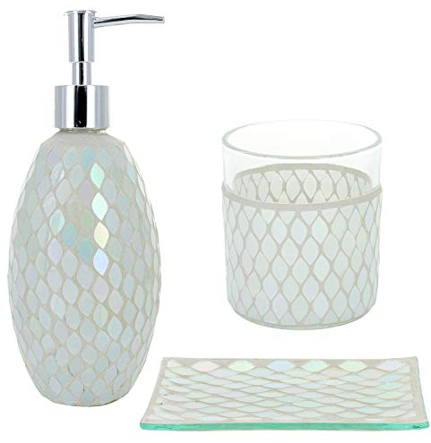 G Decor Ensemble de 3 accessoires de salle de bain modernes en verre mosaïque crème - Distributeur de savon liquide ou de lotion, porte-brosse à dents, porte-savon