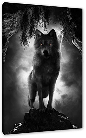 Pixxprint Böser Wolf bei Gewitter im Höhleneingang B&W Detail, Größe: 80x60cm, Leinwandbild, fertig gespannt, Wandbild, Dekoration, Kunstdruck, kein Poster