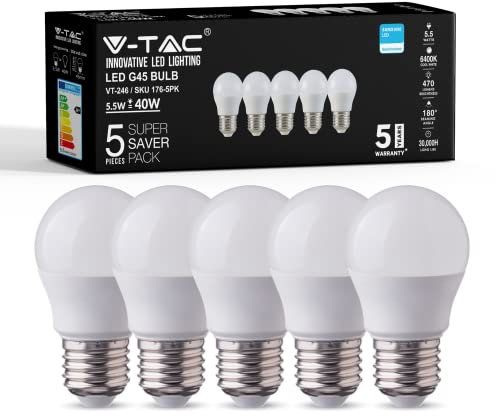 V-TAC Edison Light Bulb - Golf Ball E27 LED | 6400K White Non Dimmable - Pack of 5 (5.5W Equivalent to 40W)