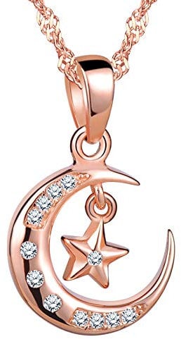MICSAVI Moon and Star Necklace Women's 925 Sterling Silver with Zirconia Astro Pendant with Chain 45 cm for Women and Girls Rose Gold
