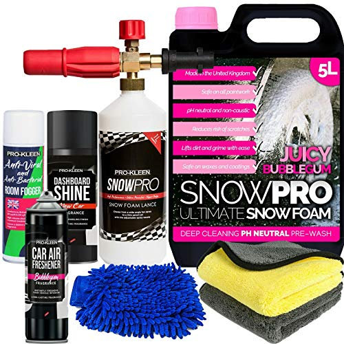 Pro-Kleen Valet Detailing Kit, Snow Foam Lance Cannon Gun Karcher Compatible, 5L Car Shampoo PH Neutral Prewash And Wax, Vehicle Cleaning Set, Cloths Mitt, Air Freshener, Dashboard Shine, Sanitiser