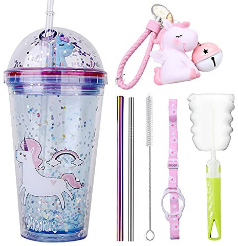 Unicorn Travel Mug with Straw Blue Drinking Cup with Strap Purple Unicon Party Tumbler Ice Tollde Cup for Picnic Party Birthday (blue unicorn, 430 ml)
