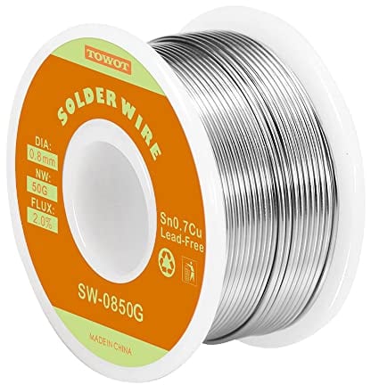 TOWOT Alambre de soldadura sin plomo, Alambre de Soldadura Sin Plomo con Núcleo de Colofonia(Sn99.3% Cu0.7%/0.8mm,50g)