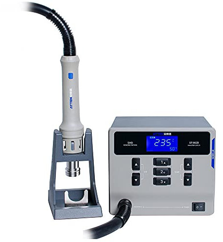 ATTEN ST862D 1000W Smart Digital Soldering Station Leadless Hot Air Gun, 3 Channels, LCD, 110V, Includes 4 Nozzles and Stand
