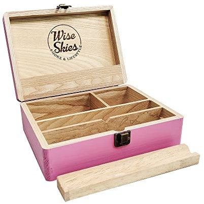 Wise Skies Wooden Rolling Box - Boxes with Hinged Lids Rolling Tray Storage (Large - Pink)