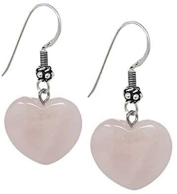 TreasureBay Handmade Natural Gemstone Heart Shape Sterling Silver Drop Earrings - Gift Ideas for Women (Pink Rose Quartz)