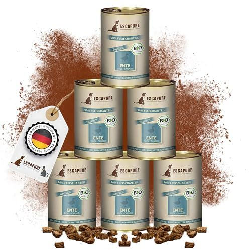 Escapure Bio Ente Dose 6 x 400g - Bio Nassfutter für Hunde - 90% pures Entenfleisch Nassfutter - Premium Dosenfutter Duck ohne Zusatzstoffe - Hunde Ergänzungsfuttermittel frei von Getreide