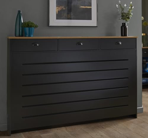 DuraTherm® Radiator Cover Black Painted MDF Cabinet Horizontal Slat Storage Drawers & Shelf, Radiator Cabinets for Office Hallway Living Room Bedroom, Large (H: 150cm / W: 96cm / D: 19cm)
