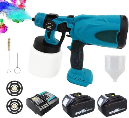 Akku Farbsprühsystem, Ersatz für Makita mit 2x5500mAh Akku und DC18RC Ladegerät, Lackierpistole zum Streichen von Wänden, Decken, Möbel, Gartenzaun, Sprühgerät 800ml Abnehmbarer Behälter Blau