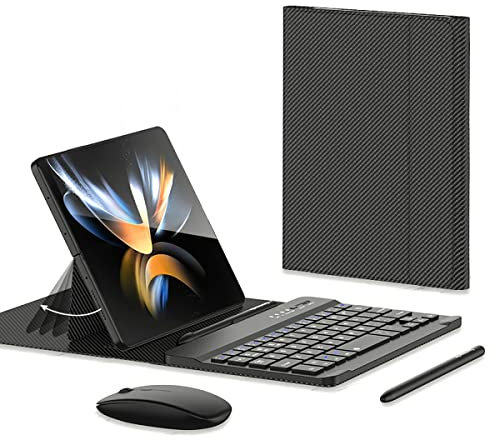 Clavier SHIEID Samsung Galaxy Z Fold 4 avec souris Bluetooth et stylet capacitif Le clavier Bluetooth se connecte sans fil à l'étui en cuir pour Galaxy Z Fold4 & Galaxy Z Fold3, fibre de carbone noire