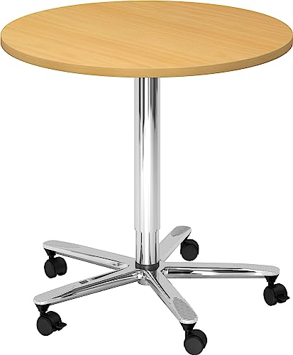 bümö Säulenhubtisch höhenverstellbar, Stehtisch Büro, Bistrotisch rund 80 x 80 cm - Besprechungstisch Buche, Stehtisch Holz-Platte, Säule aus Metall verchromt, Säulentisch, Hochtisch