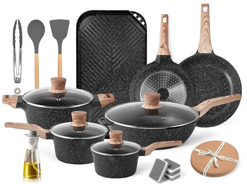 Caannasweis Pots and Pans Set, Nonstick Kitchen Cookware Sets, Granite Pots and Pans, Cooking Pans Pots Set (Classic Black, 20 Piece Grill Griddle Set)