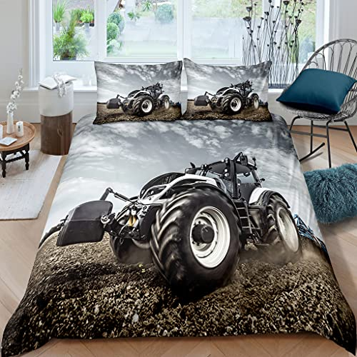 XPINGO Kinder Bettwäsche Traktor 155x220 cm 3teilig Jungen und Mädchen 100% Mikrofaser Sommer Weiche Winter Warm Bettbezüge 3D LKW Traktor Bettbezug mit 2 Kissenbezüge 80x80 cm