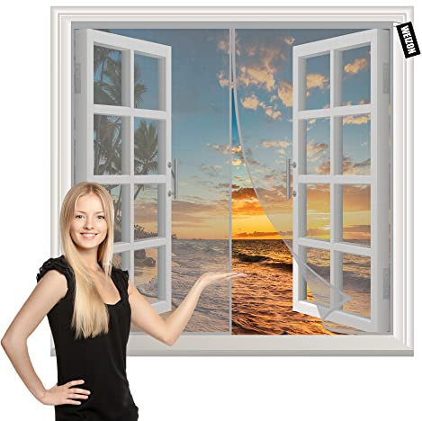 Moustiquaire Porte Fenetre Enroulable 140x115cm Gris Fermeture Automatique-Garde l'Air Frais à l’Intérieur et les Insectes à l'Extérieur Pour Porte Balcon