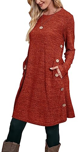 Aokosor Jumper Dress for Women Long Sleeve Dress Ladies Button Tunic Dress with Pockets Caramel Size 10-12