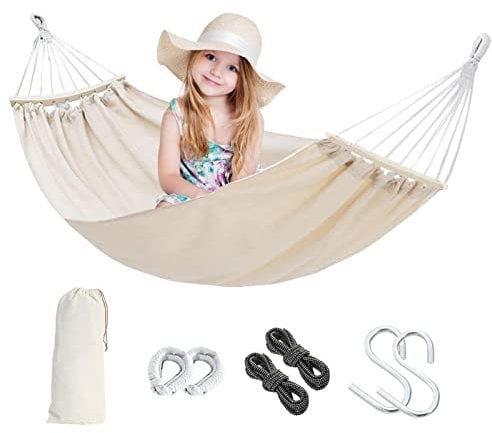 fanelod Double Hammock With Wooden Spreader Bar, Cotton Hammock Comfortable Fabric, Stable Hangings Camping Strong Bearing Capacity, Hangings Camping Bed