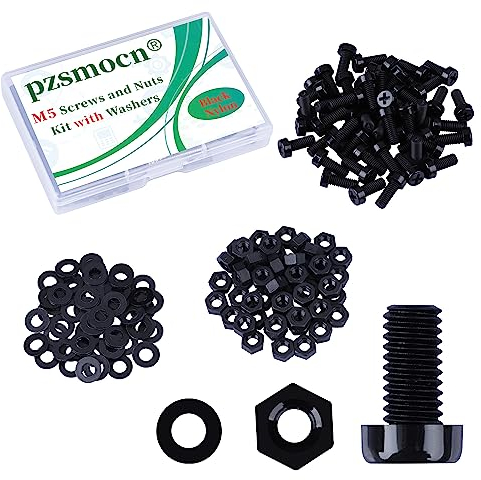 Pzsmocn 150 Stück/50 Sätze M5*12 mm Schwarzes Nylon Kunststoff Kreuzschlitz Rundkopfschrauben-Sechskantmuttern mit Isolierscheibe Standardgröße, für Heimwerker und Elektronische Montage.