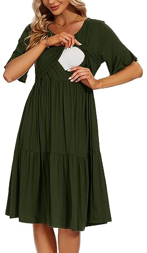 Smallshow Women's Maternity Nursing Dress Ruffle Short Sleeve Breastfeeding Clothing, Army Green, L