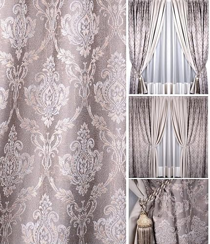 2x Set Luxus fertig Vorhänge Gardine nach Maß Jacquard Textur klassisch Barock Taupe Wohnzimmer Schlafzimmer Haus Wohnung Villa 140 cm breit 140 - 300 cm Lang (120 x140 cm) (260 x140 cm)