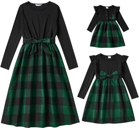 AWIBMK Mommy and Me Weihnachtskleider Grün Rot Plaid Kleid Herbst Winter Xmas Urlaub Mutter Tochter Passende Outfits, Grün kariert, M