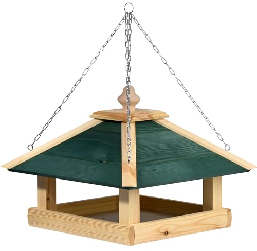 dobar green label Großes Vogelfutterhaus Narsaq mit Kette zum Aufhängen | Vogelhaus mit grünem Dach | Futterstation für Wildvögel | Wildvogelfutterplatz | 39 x 39 x 30 cm | Kiefer