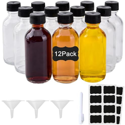 wordmouk Lot de 12 Petite Bouteille en Verre 60ml Mini Bouteille Shot Mini Bouteille Alcool Mignonette Vide Bouteilles Miniatures Réutilisables avec Etiquette et Entonnoir pour Huile Lait Vinaigrette